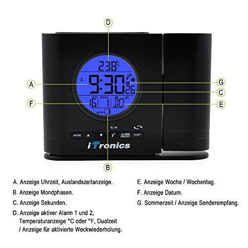 iTronics IR306 Digitale Projektionswecker Funk Tischuhr mit Bewegungssensor und Temperaturanzeige - 3
