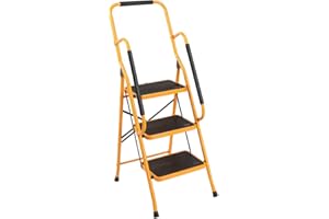 Karlhome 3-Step Folding DIY Step Ladder With Safety Handrail, Heavy Duty Steel Step Stool w/Non-Slip Side Armrests Large Pedal Area, 150kg Capacity, 130cm, Yellow