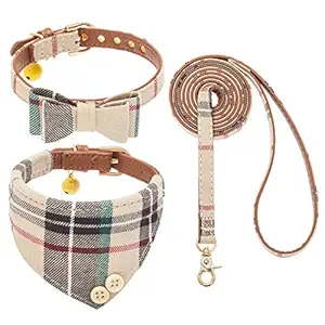 EXPAWLORER Bow Tie Dog Collar and Leash Set Classic Plaid Adjustable Dogs Bandana and Collars with Bell for Puppy Cats 3 PCS Beige