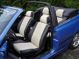 Das Gesamtpaket beinhaltet maßgeschneiderte Bezüge für zwei Vordersitze mit Kopfstützen sowie Rückbank mit der großen Querkopfstütze.
