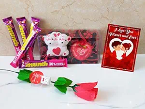 Valentine Gift for Boyfriend Girlfriend Husband Wife Girls Boys Valentines Day Gifts Teddy Bear I Love You Couple Frame Showpiece, Artificial Red Rose, Munch Chocolate Gift Pack Combo