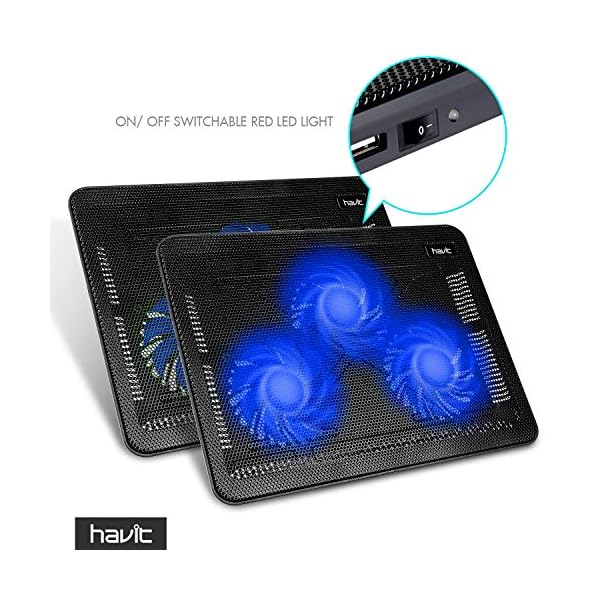 Cooling Pad, HAVIT 12"-17" Laptop Cooler with 3 Fans, 2 USB Ports, Blue LED Lighting (F2056) - Image 3