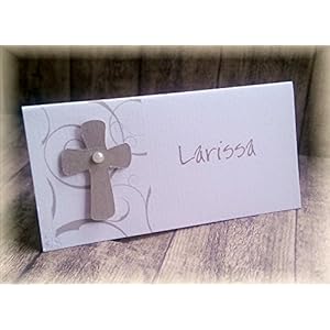 Tischkarte Namenskarte Kommunion Konfirmation Firmung Taufe Kreuz taupe stein hellbraun