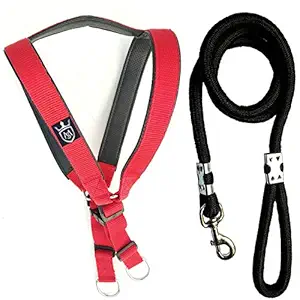 MS Petcare Nylon Padded Adjustable Dog Harness 1.25 Inch Large Red and Black with Rope Leash 18 MM for Large Dogs