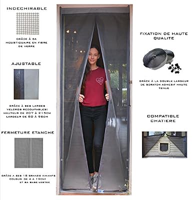 TRANQUILISAFE Moustiquaire ajustable pour portes et portes fenêtres aimantées – écran anti moustiques et anti mouches – moustiquaire automatique – moustiquaire compatible chatière (80/96 - 207/2015)