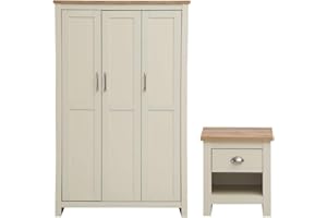 TAD TIMBER ART DESIGN UK Timber Art Design UK Lisbon 3 Door Wardrobe, Oak Top Cupboard with Hanging Shelf, Metal Handles and Bedside Table with 1 Drawer, Modern Furniture Storage Organizer For Bedroom, Living Room, Cream