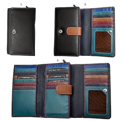 Ladies Luxury High Quality Soft Black (Multi Coloured Inside) Real Nappa Leather RFID blocking Long Multi Fall Purse Multi Credit Card Wallet with 2 Inner Zip Compartments
