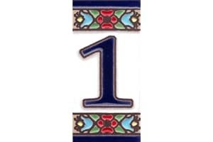 TORO DEL ORO Números para casas. Números y Letras en cerámica esmaltada, Pintados a Mano con la técnica de la cuerda seca. Nombres y direcciones. Mini Flor Azul 3,5 cms x 7,5 cms (Número uno "1")