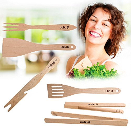Uulki® 6-teiliges Grill, BBQ und Backofen Set – mit Backofengitter-Zieher, 2 Pfannenwender, große Barbecue Zange, kleine Grillzange, Küchengabel – aus Europäisches Buchenholz - 9