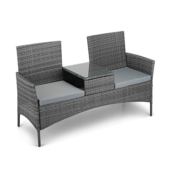 VonHaus 2 Seater Rattan Companion Chair - Wicker Conservatory Loveseat - Outdoor, Garden or Patio Double Seater Armchair with Drink Glass-topped Table and Removable Cushions - Grey