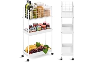 ‎URACKIFY Urackify Schmaler Rollwagen mit 3 Ebenen, perfekt für Küche, Bad, Waschküche oder Büro, Metallwagen mit Rädern und herausziehbarer Aufbewahrung, kompaktes Design für schmale Stellen, Weiß