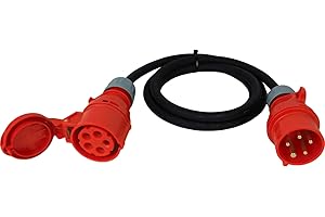 NWP CEE Extension 2 m 400 V 16 A, Black, IP44 5 x 2.5 mm² H07RN-F - Rubber Hose Cable, Extension Cable for Construction Site, Industry, Outdoor Use