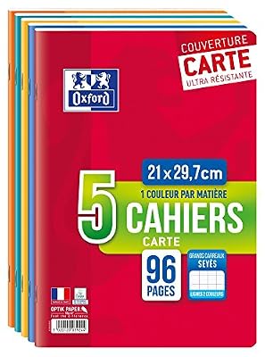 Oxford Scolaire Lot de 5 Cahiers agrafés A4 96 Pages grands carreaux assortis