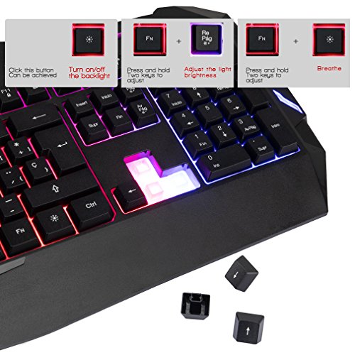 Teclado Gaming AURSEN Teclado para Juegos de Retroiluminaci  n LED y Impermeable 104 Teclas-USB-Alto Rendimiento Teclado para Gaming y Oficinas-QWERTY Espa  ol