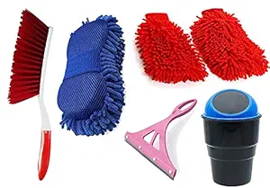 JUNGLI pack of 6 Car Cleaning kit CAR Carpet Leaning Brush, Microfiber Sponge, Cleaning Gloves, car dustbin glass cleaner wiper car accessories vehicle washing/car care accessories combo Product