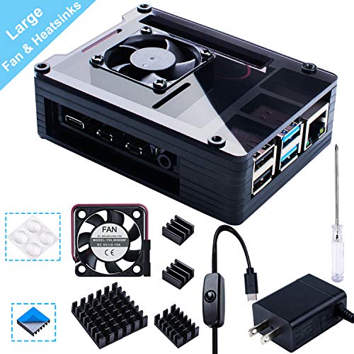 Smraza - Carcasa para Raspberry Pi 4, con Ventilador de refrigeración de 35 mm y 4 disipadores de Calor, Fuente de alimentación USB-C de 5 V 3 A para Raspberry Pi 4 Modelo B