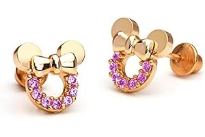 Findout f1782 - Pendientes de plata de ley en color rosa oro de circonitas cúbicas y amatistas, con diseño de Mickey Mouse para niñas