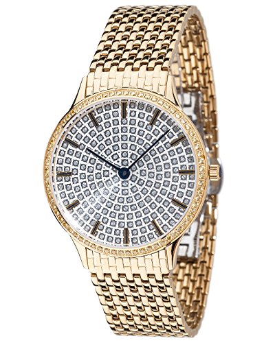 Yves Camani Damen-Armbanduhr Garonne mit vergoldetem Edelstahl-Gehäuse und silbernem mit 150 Zirkonia-Steinen besetztem Zifferblatt. Elegante Quarz Damen-Uhr mit vergoldetem Edelstahl-Armband