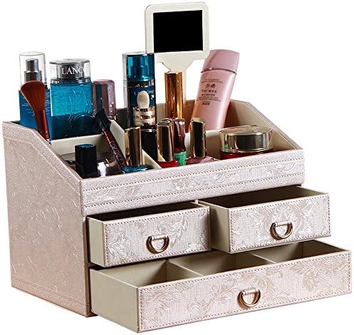 PU Leather MakeUp Holder with drawer,Cosmetic Dispaly case storage box Wood MDF Makeup Organiser with mirror Gifts for Lady Girl (Emboidery)