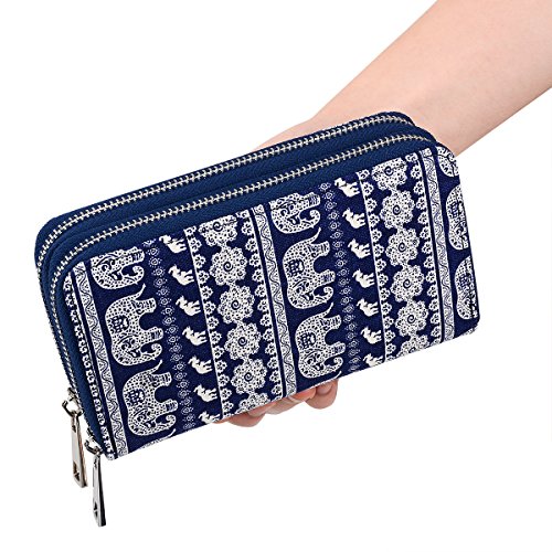 Te-Rich Double Zipper Wallet Phone case Canvas Coin Purse Clutch Bag Elephant Pattern Card Holder with Mobile Phone Holder Sucker Cup And Coin Pocket