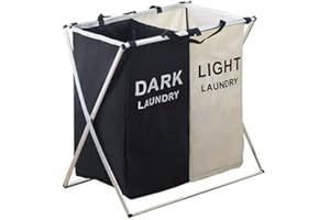 ROSEBEAR Grand panier à linge pliable et lavable à 2 compartiments avec support en aluminium et poignées de transport pour chambre et salle de bain Noir