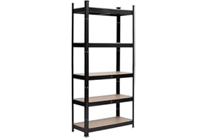 TactFire Etagères de Rangement à 5 Niveaux, 180 x 90 x 40 cm, Rayonnage Metallique, Étagère de Garage, Montage sans Outil, Capacité de Charge de 80 kg par Niveau, pour Atelier, Garage, Cuisine, Noir