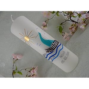 Taufkerze Boot türkis silber individuell Taufkerzen Junge Mädchen 250/70 mm mit Name und Datum