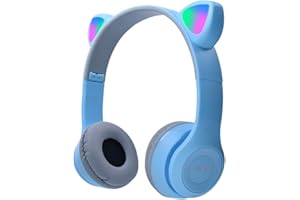 arVin Wireless Kids Headphones, Bluetooth Kids Headset Over Ear with Microphone, Cat Ear LED Light Foldable Child Earphones for Girls Boys Gift Age 7+ (Blue)