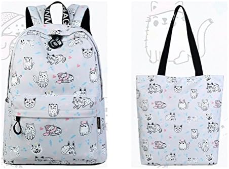 Winnerbag High Quality Waterproof Polyester Women Backpack Cute Cat Animal Pattern Printing Girls Daily Travel Knapsack Gray set 15 Inches