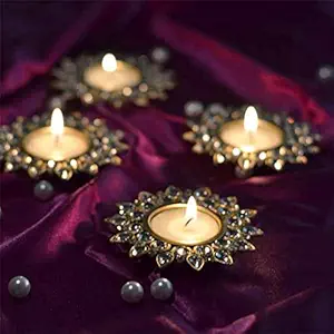 Homesake Crystal Diya with Tea Light Gold Plated Candle Holder for Home Decoration, diwali decorations items for home Multicolor Mosaic Glass, for Home Room Bedroom Lights Decoration | Home Decor Items - Pack of 4