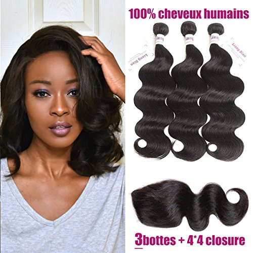3 Tissage Bresilien En Lot Avec 4 * 4 Free Part Closure Ondule 8A Pas Cher 100g/p Cheveux Naturels Humains Vierges Noir Double Trame RICHAIR 14 14 14+ 14pouces Body Wave