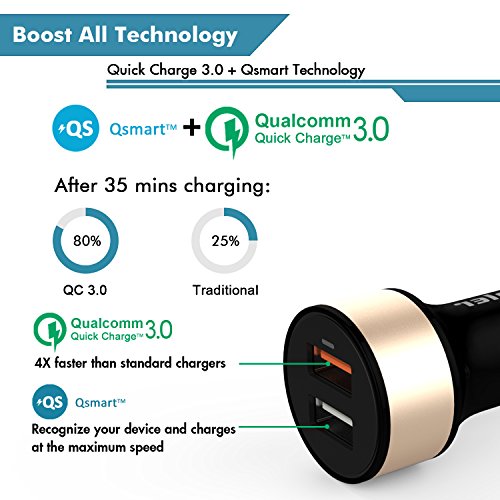 iVoler Quick Charge 3 0 30W 2 Puertos USB Cargador de Coche  QC 3 0 Puerto   Qsmart Puerto 5V 2 4A  con 2 en 1 Cable Cargador Micro USB y Tipo C para Samsung Galaxy S9 S9 Plus S8 S8  S7 S7 Edge  S6 S6 Edge   Note 8 5 4 Edge  LG G6 G5 G4  Asus Zenfone 4 3 2  HTC 10  One A9 M8 M9  Nexus 6  Xiaomi Mi 6 5  Huawei  Motorola Android smartphone  Tablette  iPhone  iPad  Batteries Externes  Chargeur Portable  etc  - Negro Oro