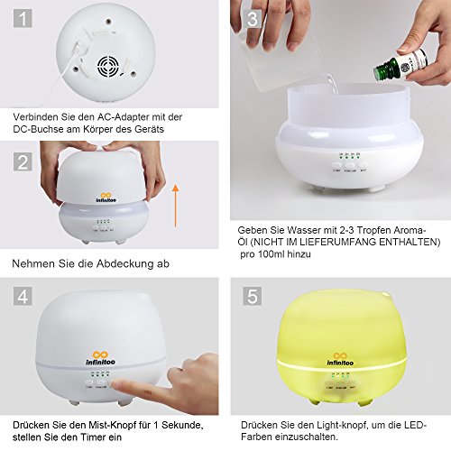 Luftbefeuchter | infinitoo 500ml Ultraschall Aroma Diffuser | Aromatherapie Diffusor | Abschaltautomatik Öl Raumbefeuchter mit 4 Zeitmodi Einstellungen und 7 LED Farbwechsel für Wohnzimmer, Kinderzimmer, Schlafzimmer,, Baby- und Yogazimmer, SPA, Büro usw. - 8