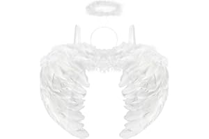 AURASKY Ali e Aureola Angelo Bianco, Costume Angelo, Ali d'Angelo, Costume Halloween Donna, Angelo Costume per Adulto Bambino, per Halloween Carnevale Mascherina Cosplay Festa