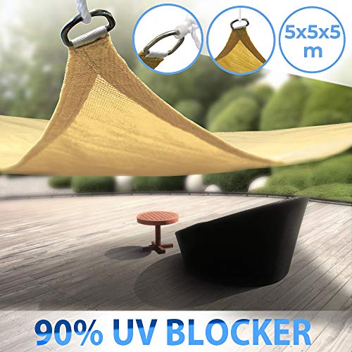 Tenda a Vela - Triangolare, 5x5x5m, Impermeabile, Traspirante, Resistente, Beige, Protezione UV, da Patio, Giardino, Campeggio, da Esterno - Tenda Ombreggiante, Vela Sole Ombra