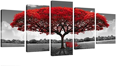 Amosi Art - 5 Panels Canvas Wall Art Tree Picture Printed on Canvas Landscape Painting Modern Artwork Stretched and Framed Ready to Hang Canvas Art for Home Decoration (Red Tree 5 Panels Small)