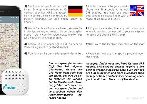 musegear® App Schlüsselfinder (weiß), NEUE VERSION 2 | 3x lauter | Schlüssel, Keys, Handy, Fernbedienung, Portmonee bequem wieder-finden & tracken statt Suchen | Smartphone Bluetooth-GPS-Kopplung - 6
