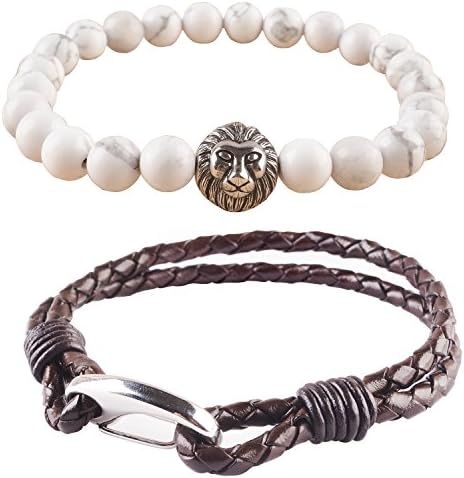 Starmond Mens Womens White Howlite Beaded Bracelet Bangle Link Chain cuff Bracelet Elastic