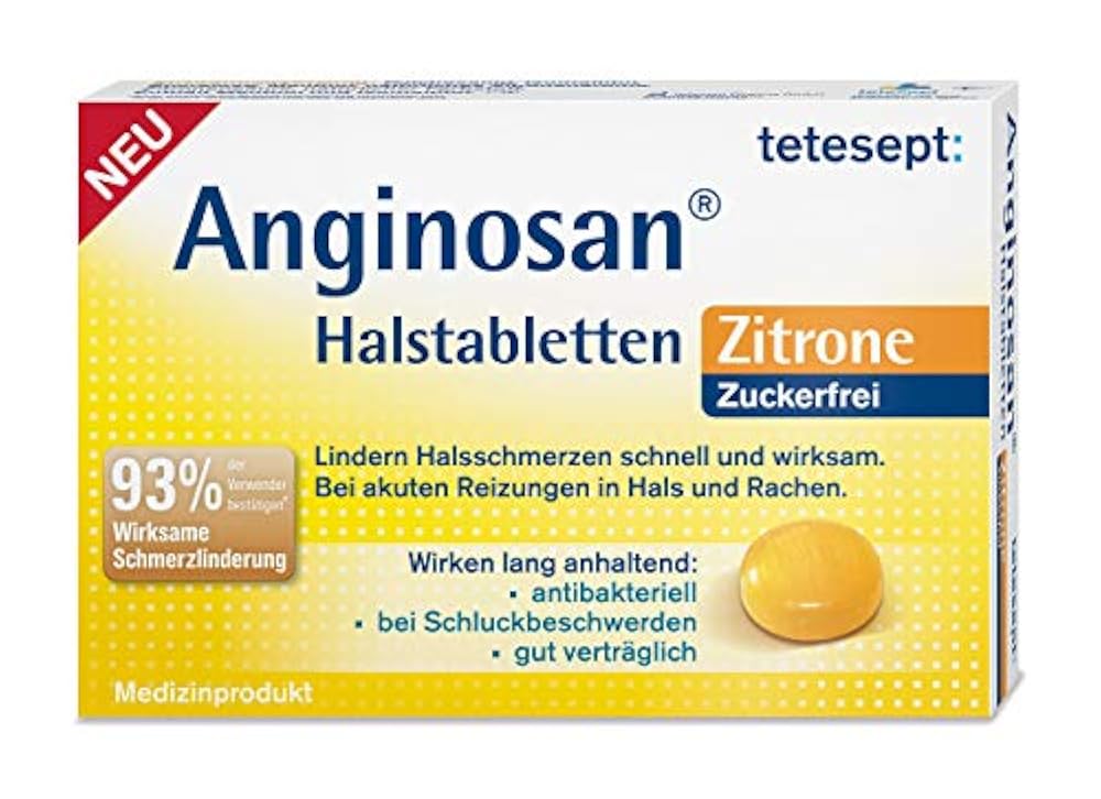 tetesept Anginosan Halstabletten Zitrone - zuckerfrei – Antibakterielle Halsschmerztabletten gegen akute Reizungen in Hals & Rachen – 5 x 20 Stück