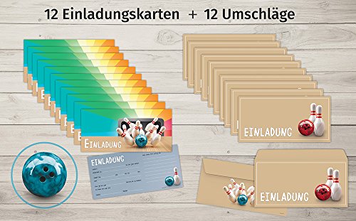 Bowling Einladungskarten mit Umschlägen (12er Set) zum Kindergeburtstag von BeriluDesign | Kegeln Kinder Geburtstag-Einladungen Karten Feier Party Jungen Mädchen - 3