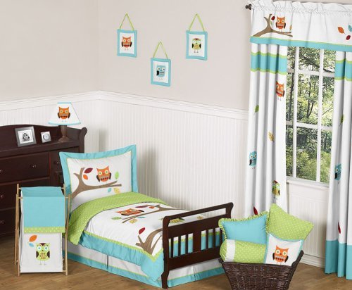 Turquoise and Lime Hooty Owl Toddler Boy or Girl Bedding 5pc Set by Sweet Jojo Designs