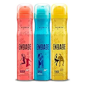 Engage Combo Pack Deo Spray for Women (Blush, Spell and Tease), Skin Friendly, (Pack of 3; 150ml Each), 450ml