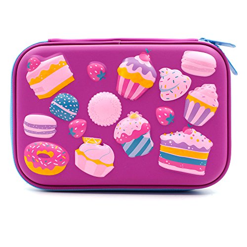 Astuccio rigido, portapenne e matite, per bambini, grande, goffrato, con scomparti, decorato con torte e pasticcini colorati, carino, ideale anche come trousse per il trucco Purple