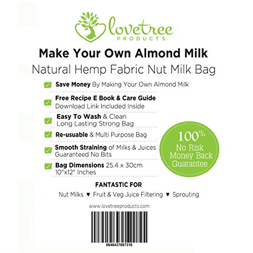 Love Tree Produkte Bio Hanf Nussmilchbeutel – Beste Premium Qualität Bio-Mandelmilch Sieb inkl. Rezept E Buch – Große Lebensmittelecht wiederverwendbar Starke feines Hanf Netz Tasche – glatten Mutter Milks & Säfte jedes Mal mit einer kein Risiko 100% Geld zurück-Garantie,. Größe 25,4 x 30,5 cm - 2
