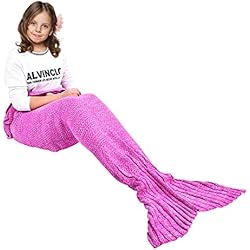 Ecrazybaby888 Hecho a Mano de Punto Manta de Cola de Sirena Todas Las Estaciones cálido sofá Cama Sala de Estar Manta para niño, Patrón Clásico con Encaje, Rosa Oscuro, 140 x 70cm