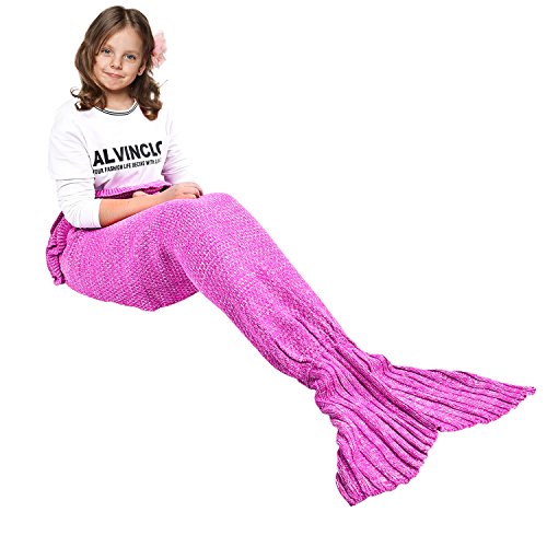 Ecrazybaby888 Hecho a Mano de Punto Manta de Cola de Sirena Todas Las Estaciones cálido sofá Cama Sala de Estar Manta para niño, Patrón Clásico con Encaje, Rosa Oscuro, 140 x 70cm