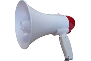 RevolutionLine - Megáfono portátil Profesional con Mango Plegable | Ajuste de Volumen, Sirena y grabadora de Sonido | 4 Pilas LR20 no incluídas | 25 x 15 cm | Potencia 10W | Amarillo, Naranja y Rojo