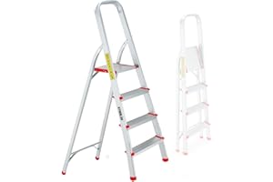 Escabeau à 4 marches BM TOOLS BMT-ESC4-ALU - Haut. de Travail : 79 cm - Prend Peu de Place et se Range Facilement - en Aluminium