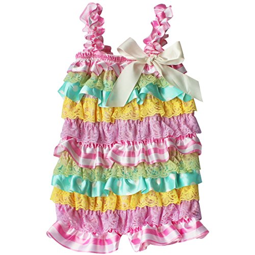 TiaoBug Baby Girls Lace Spaghetti Ruffle Romper Holiday Bowknot Tiered Bodysuit Outfits 12-18 Months Multi-color Stripes