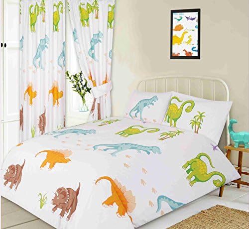KIDZ KOLLECTIONZ Double Bed Dinosaurs, Duvet/Quilt Cover Set, Novelty Kids Dino T-Rex Stegosaurus Triceratops Brontosaurus Pterodactyl, White Orange Green Blue Brown